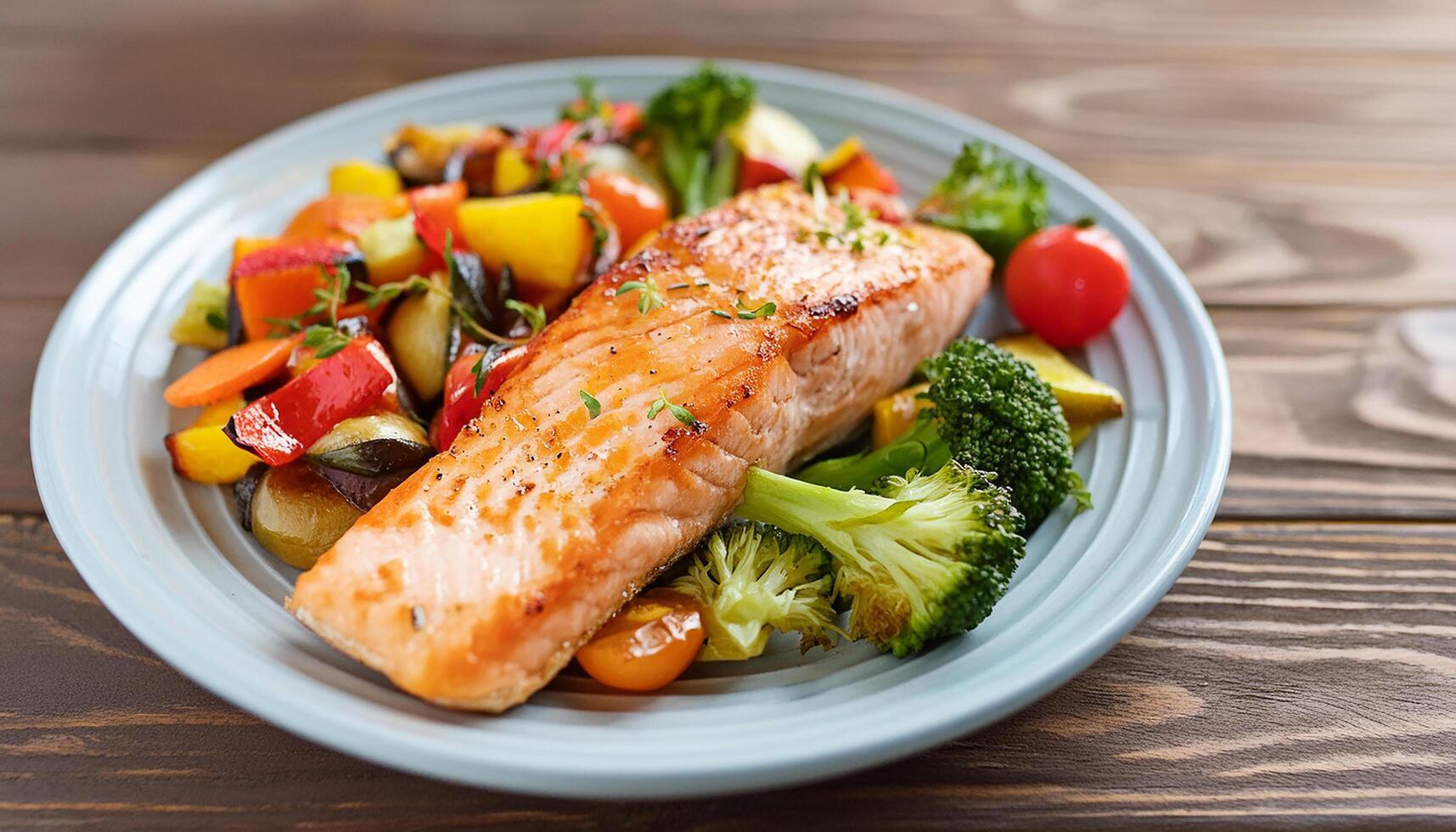 Grilled salmon with cooked vegetables. Keto diet dish. Healthy and tasty food. Cooking concept photo