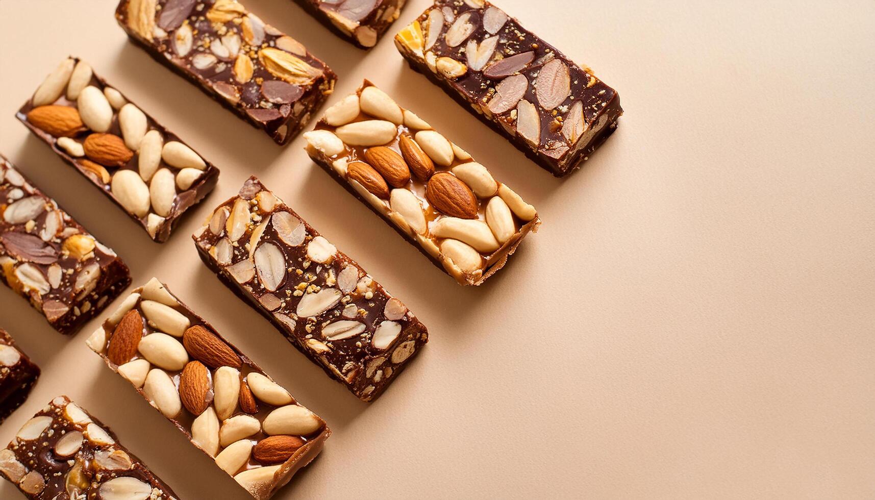 Energy protein bars with nuts or chocolate bars. Sweet food. Tasty snack. Beige backdrop. Top view photo