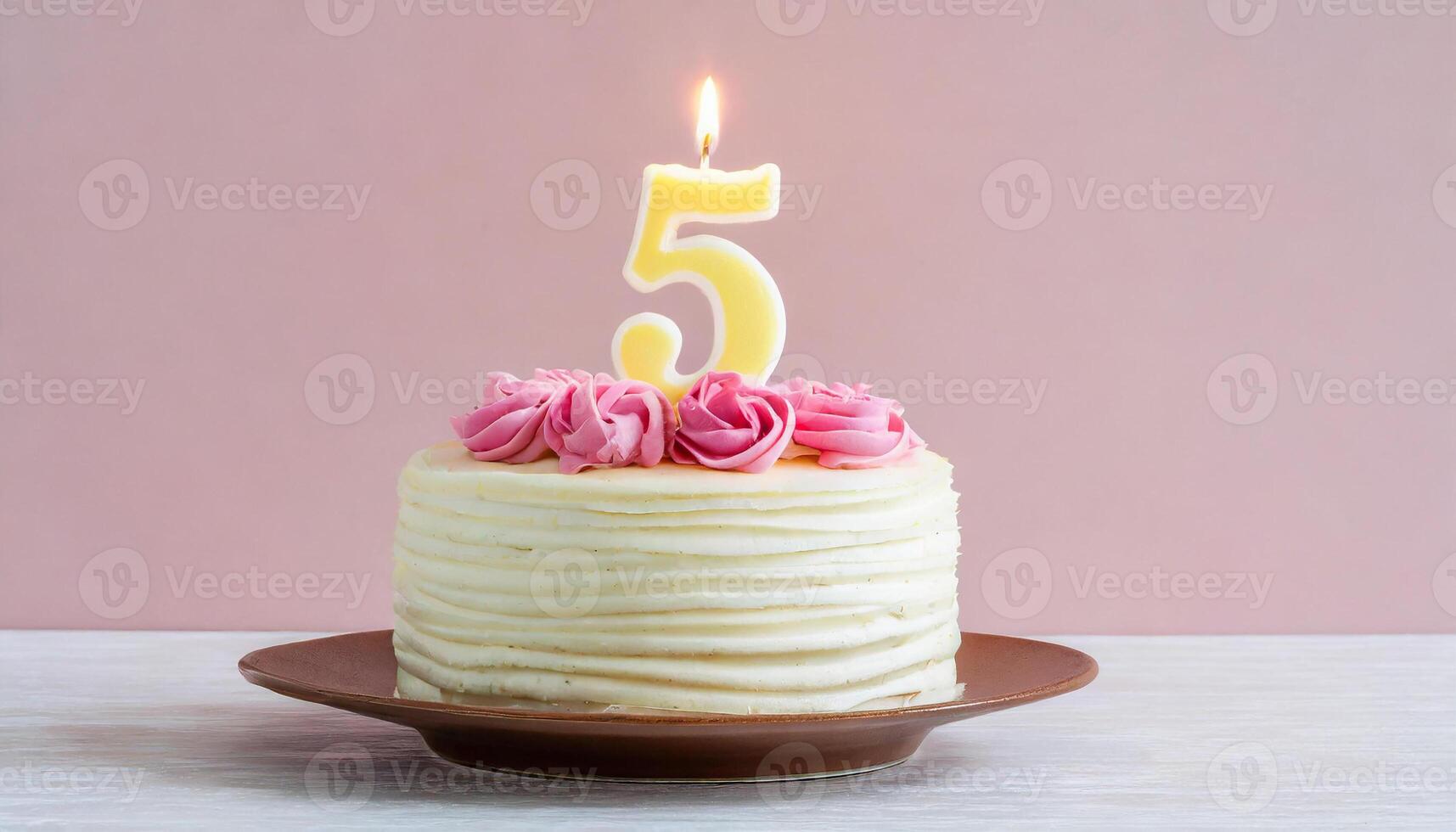 Birthday cake with burning candle, number five. 5 years old. Third anniversary. Tasty festive dessert. photo
