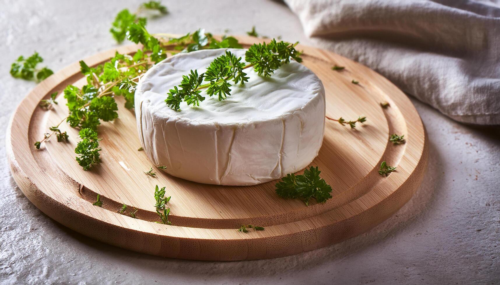 Fresh round cheese piece with herbs on round wooden board. Farm natural product. Organic food. photo