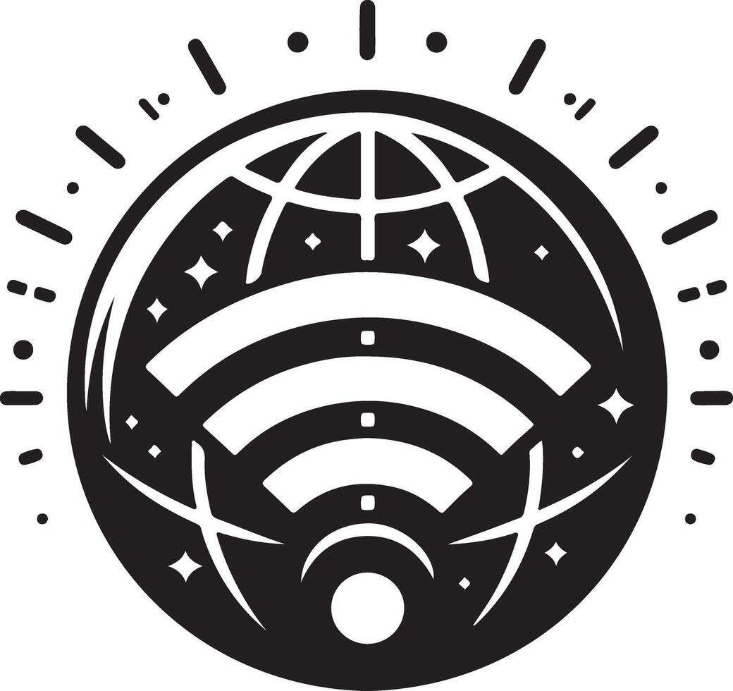 A Wi-Fi signal icon that also resembles a planet with orbiting rings, symbolizing digital communication across the globe. vector