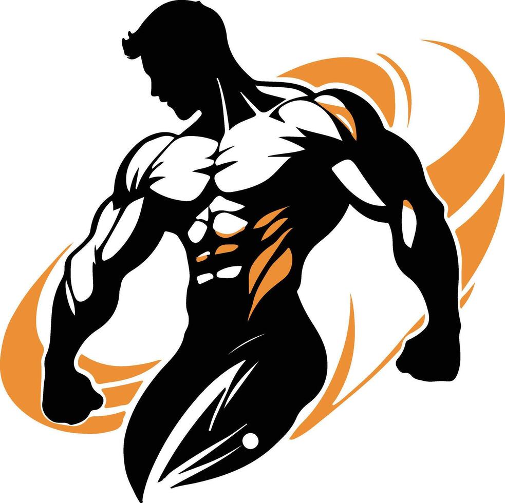 A silhouette logo for a fitness brand, showcasing a strong, muscular figure in an action pose, with bold lines and a dynamic shape vector