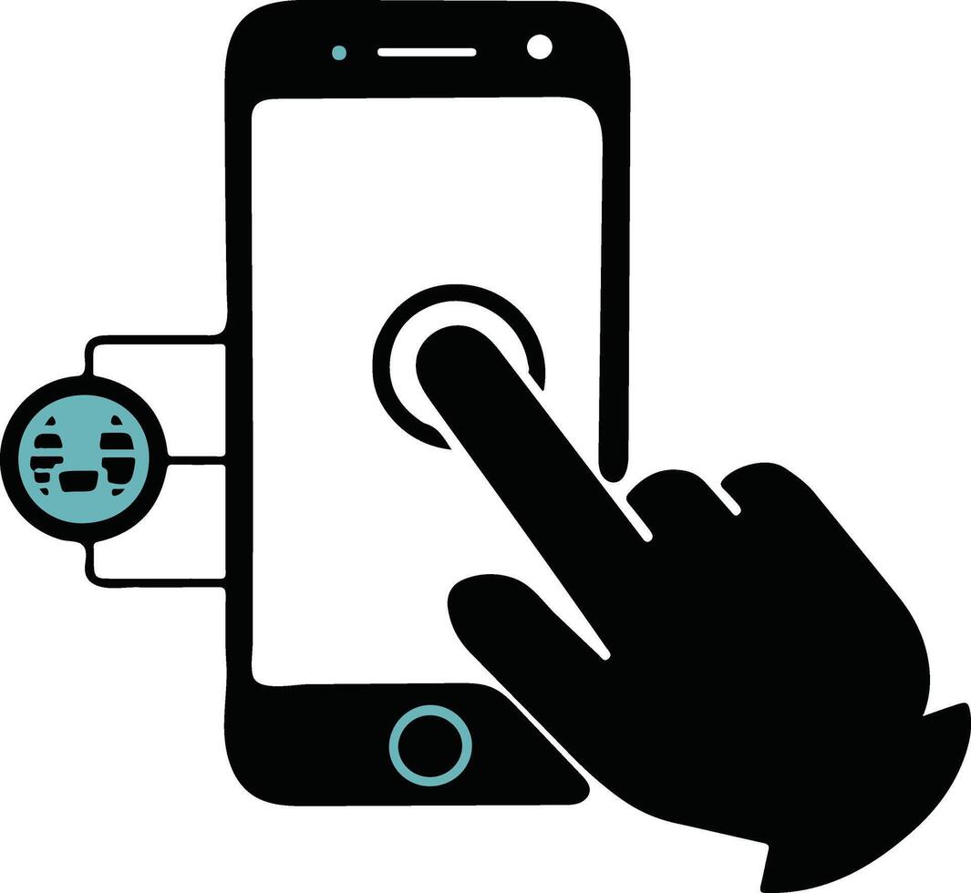 A smartphone with a hand tapping it representing online transactions vector