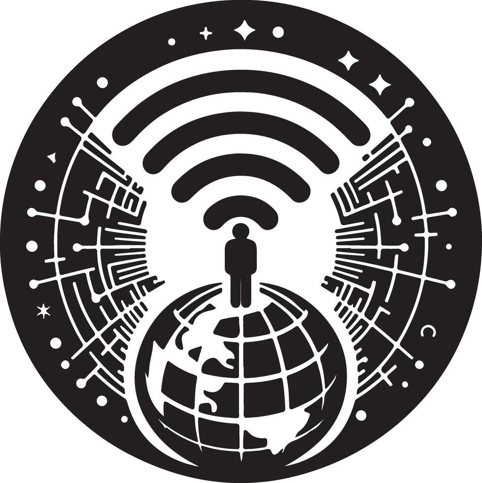 A Wi-Fi signal icon that also resembles a planet with orbiting rings, symbolizing digital communication across the globe. vector