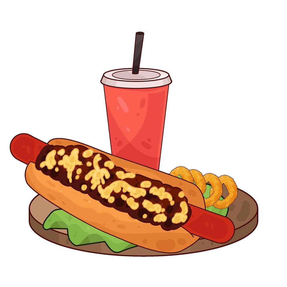 The perfect combination of hotdogs, onion rings and soda illustration vector
