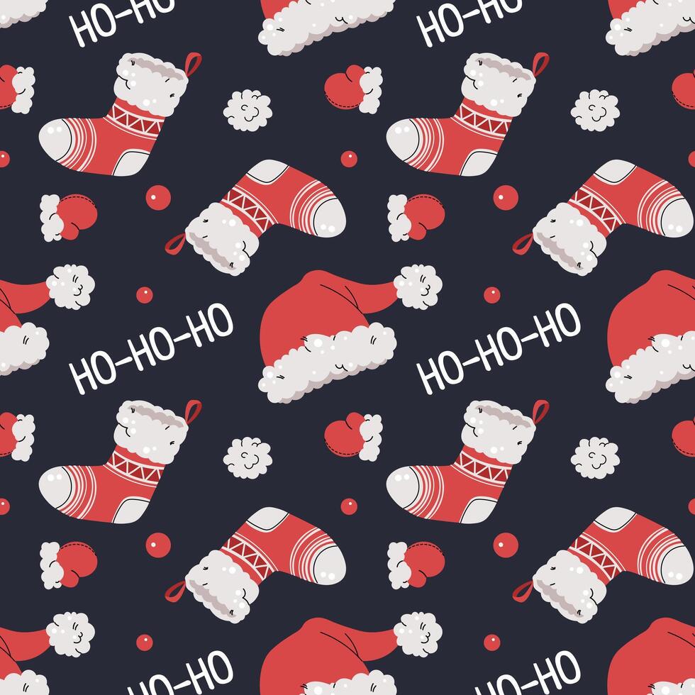 Seamless pattern with Christmas stocking, mittens and Santa hat. holiday texture in flat style. Merry Christmas and Happy New Year. Suitable for wallpaper, wrapping paper, fabric, etc. vector