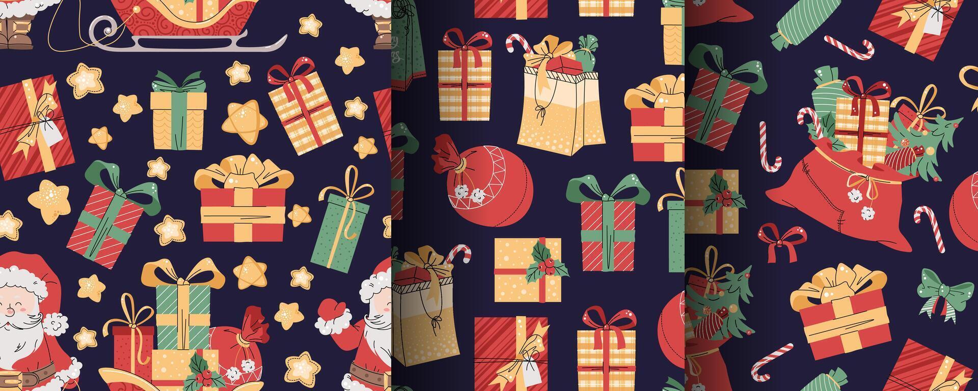 Set of seamless patterns with Santa Claus and gifts. holiday texture in flat style. Suitable for wallpaper, wrapping paper, fabric, etc. vector