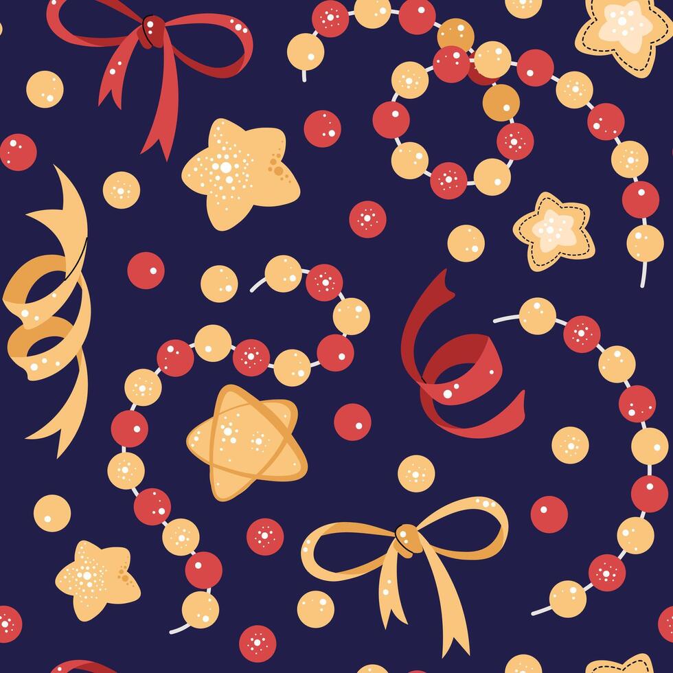 Seamless pattern with Christmas garland, stars and bows. holiday texture in flat style. Suitable for wallpaper, wrapping paper, fabric, etc vector