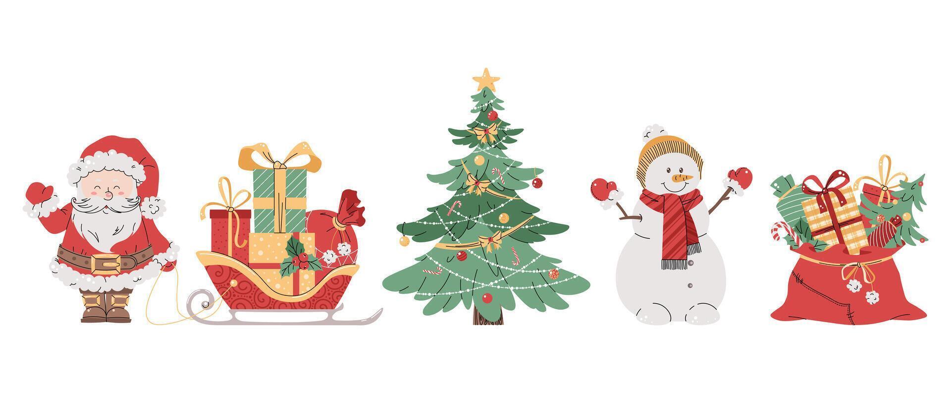 Set of Christmas illustrations on white background. Santa Claus with sleigh, Christmas tree, snowman and gifts. Suitable for design of cards, banners, stickers, etc vector