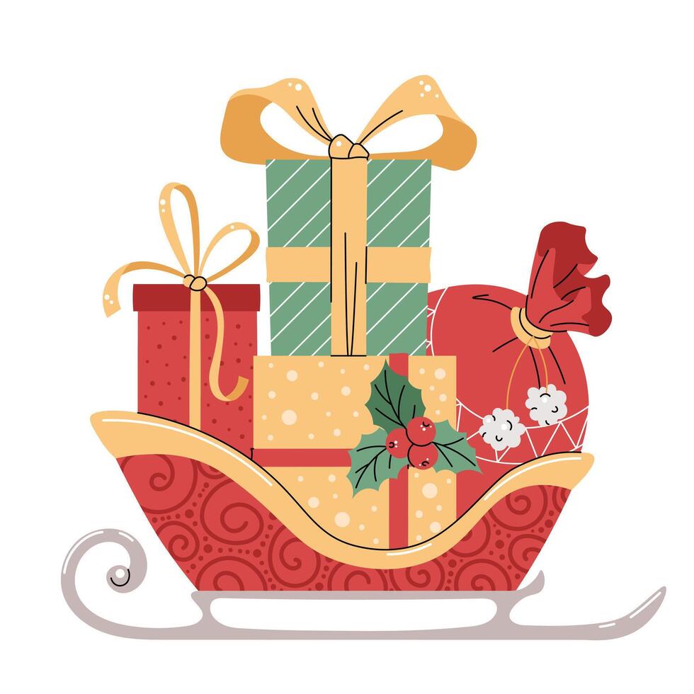 Santa Claus sleigh with gifts on white background. Christmas illustration in flat style. Suitable for stickers, prints and design. vector