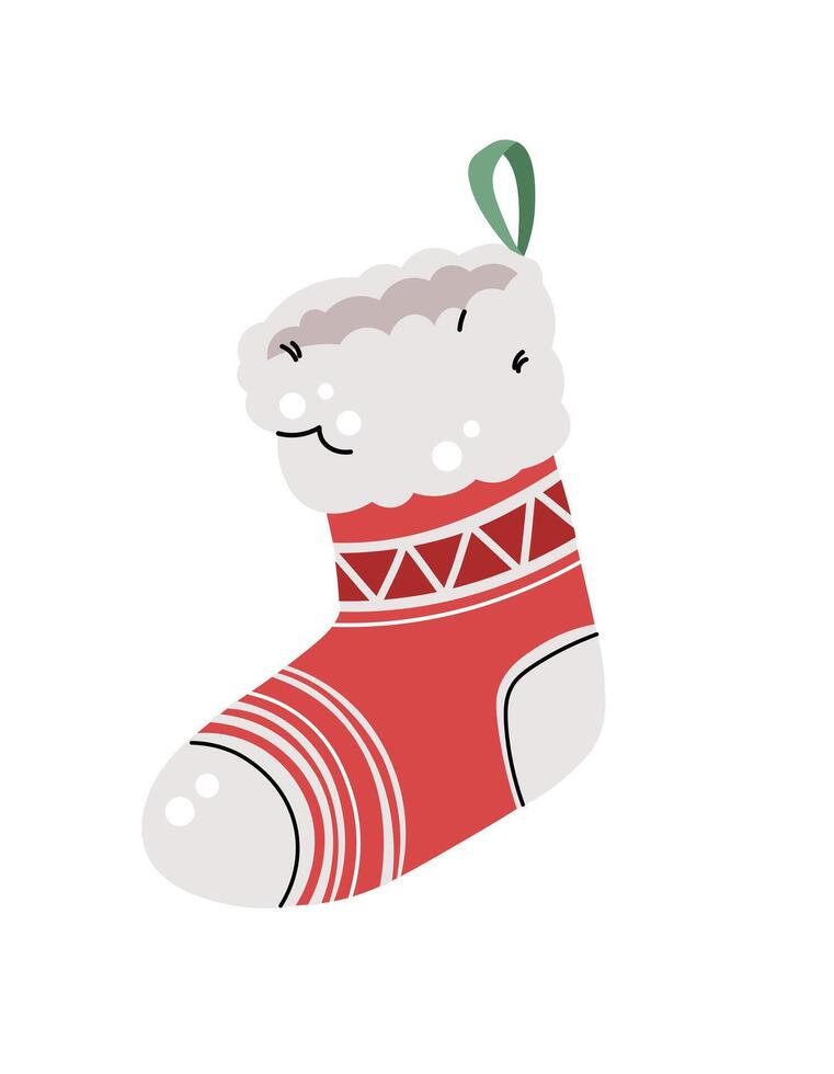 Christmas sock on isolated background. New Year s stocking for hanging over the fireplace. illustration in flat style for stickers, decor, cards vector