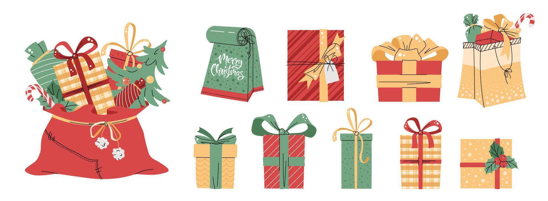 Set of Christmas gifts on an isolated background. Santa s bag of gifts. illustration for stickers and postcards vector