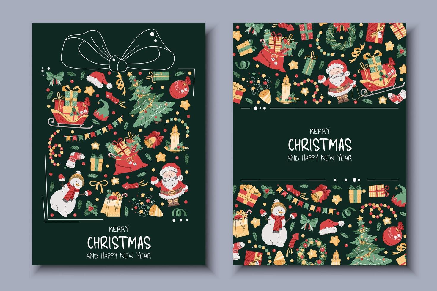 Set of Christmas greeting cards with festive elements in the form of a Christmas tree ball. Merry Christmas and Happy New Year. Banner, poster, flyer with Santa, Claus, Christmas tree, etc vector