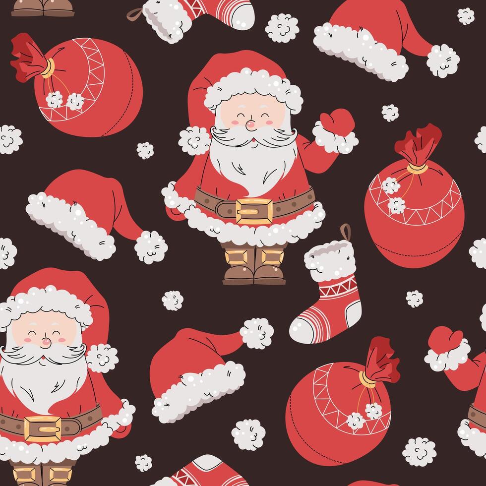 Seamless pattern with Santa Claus, Christmas stocking, and gift bag. holiday texture in flat style. Suitable for wallpaper, wrapping paper, fabric, etc. vector