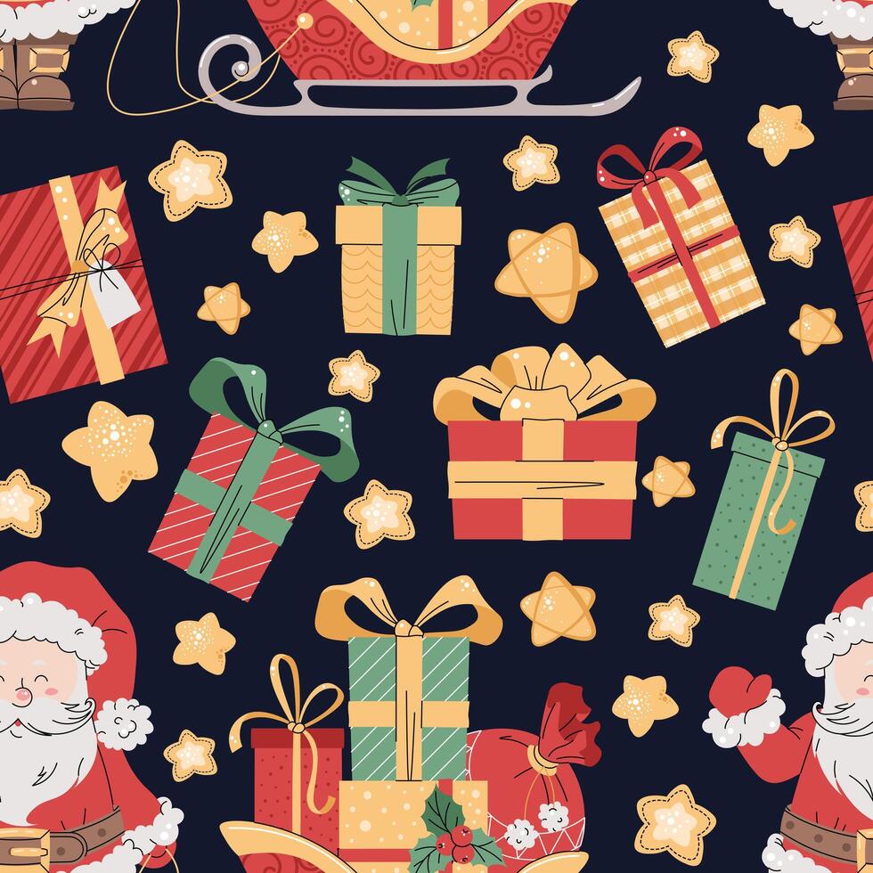 Seamless pattern with Christmas gift boxes and Santa Claus with sleigh. holiday texture in flat style. Suitable for wallpaper, wrapping paper, fabric, etc. vector