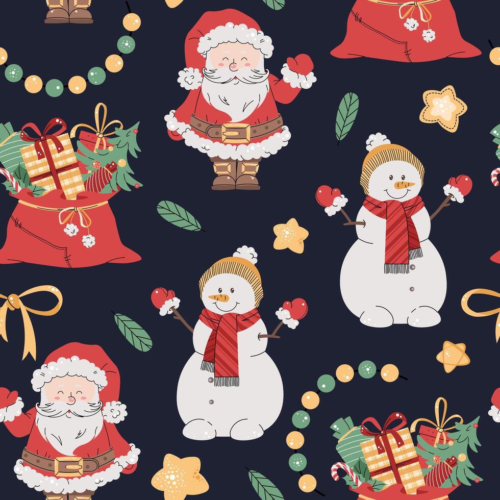 Seamless pattern with cute Santa Claus, snowman and gift bag. holiday texture in flat style. Suitable for wallpaper, wrapping paper, fabric, etc vector