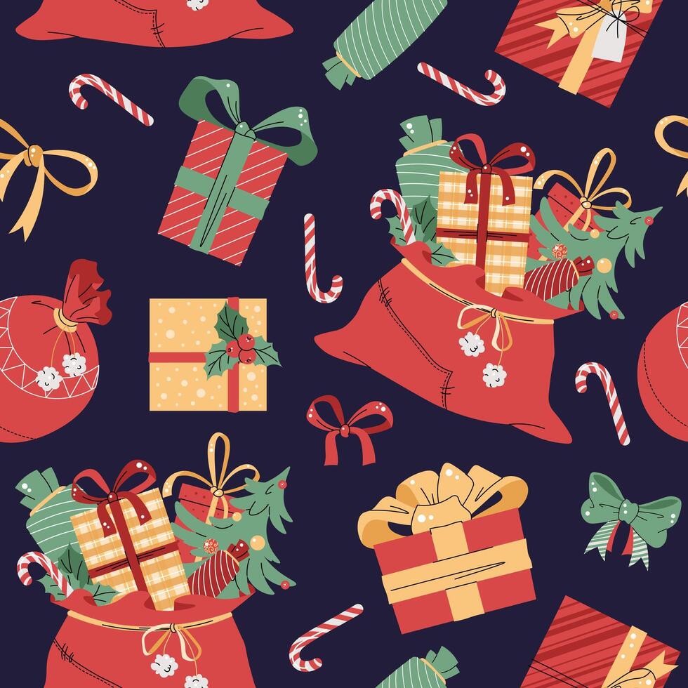 Seamless pattern with Christmas gift boxes and Santa s bag. holiday texture in flat style. Suitable for wallpaper, wrapping paper, fabric, etc. vector