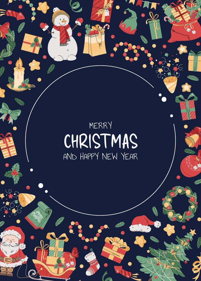 Christmas greeting card with festive elements in the form of a ball. Merry Christmas and Happy New Year. Banner, poster, flyer with Santa, Claus, Christmas tree, etc. vector