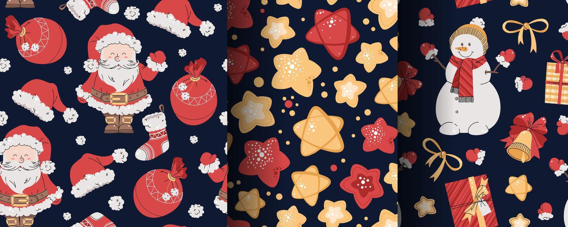 Set of seamless patterns with Santa Claus, stars and snowman. holiday texture in flat style. Suitable for wallpaper, wrapping paper, fabric, etc. vector
