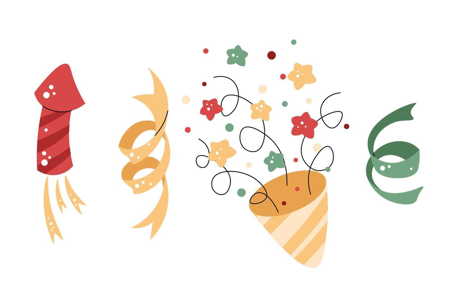 Set of festive firecrackers, crackers and confetti on a white background. Christmas illustration in a flat style. Suitable for stickers, prints and design. vector