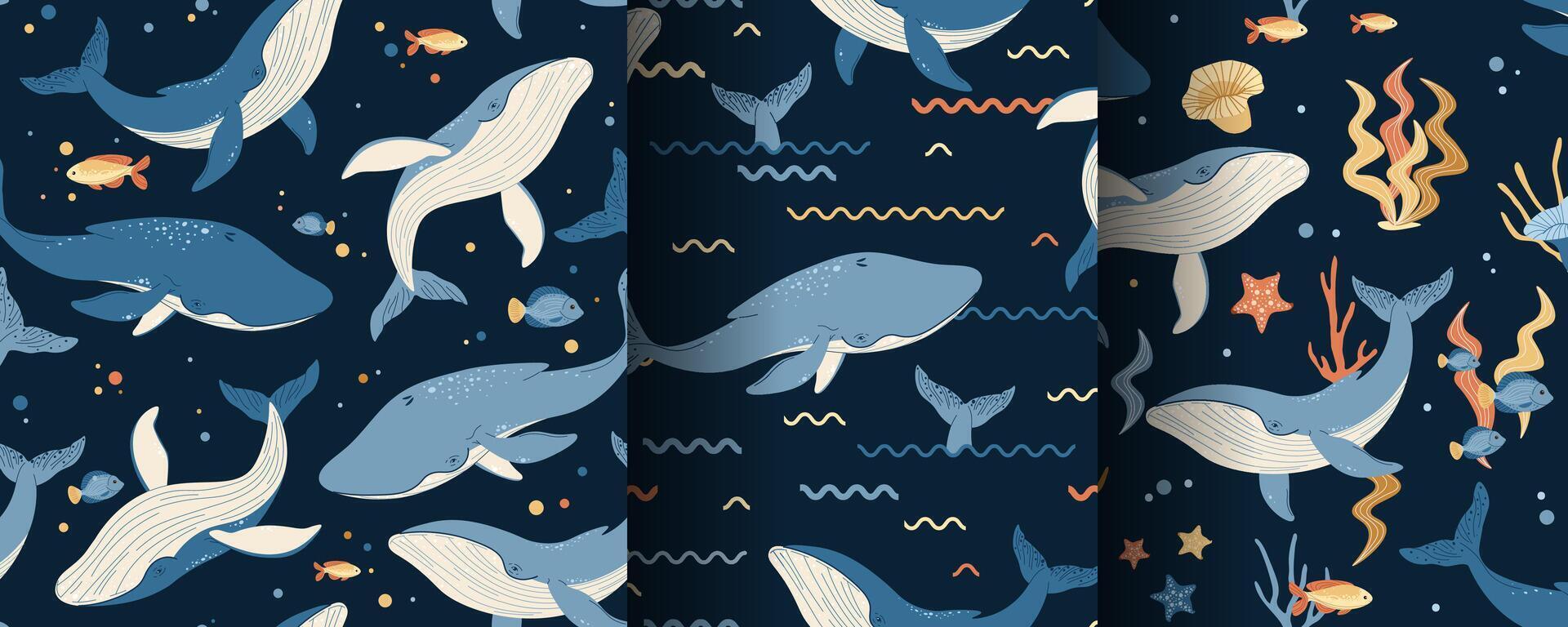 Set of Seamless patterns with cute whales and seaweed. marine children s print with sea creatures for textiles, scrapbooking, wallpapers, etc. vector