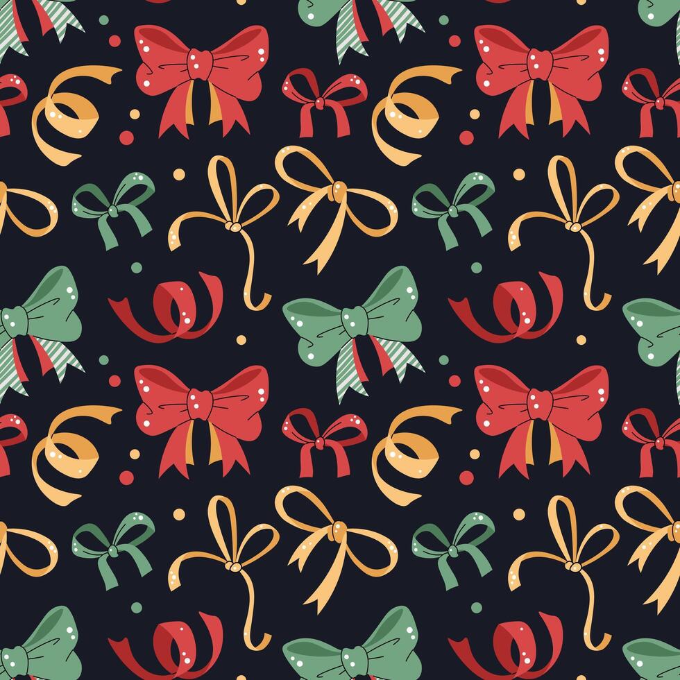 Seamless pattern with colorful bows and ribbons. holiday texture in flat style. Merry Christmas and Happy New Year. Suitable for wallpaper, wrapping paper, fabric, etc. vector