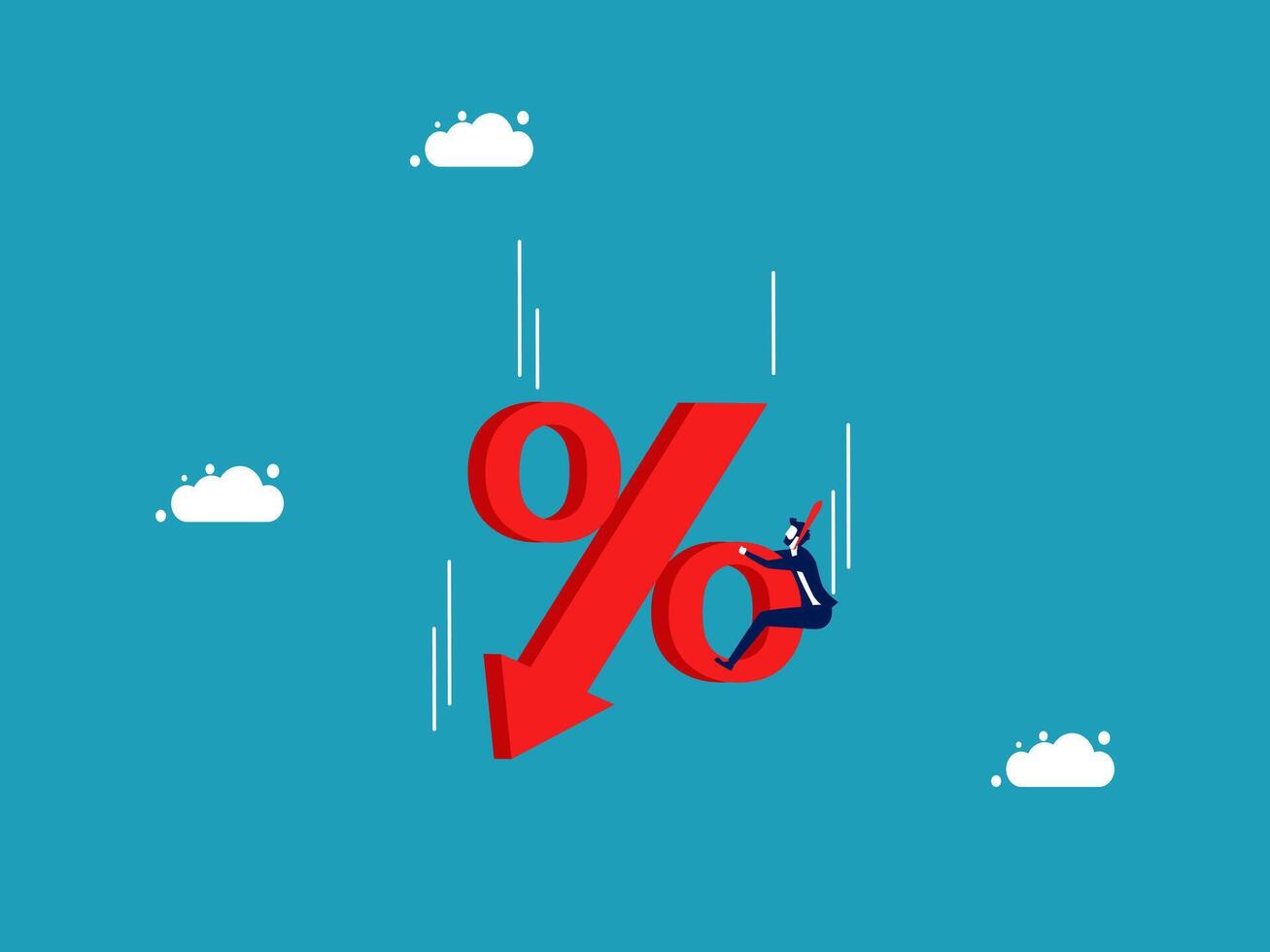 businessman is hanging from a red arrow with a percent sign vector