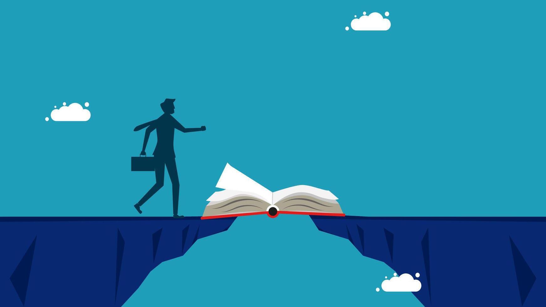 man walking on the edge of a cliff with an open book, concept of business concept, vector