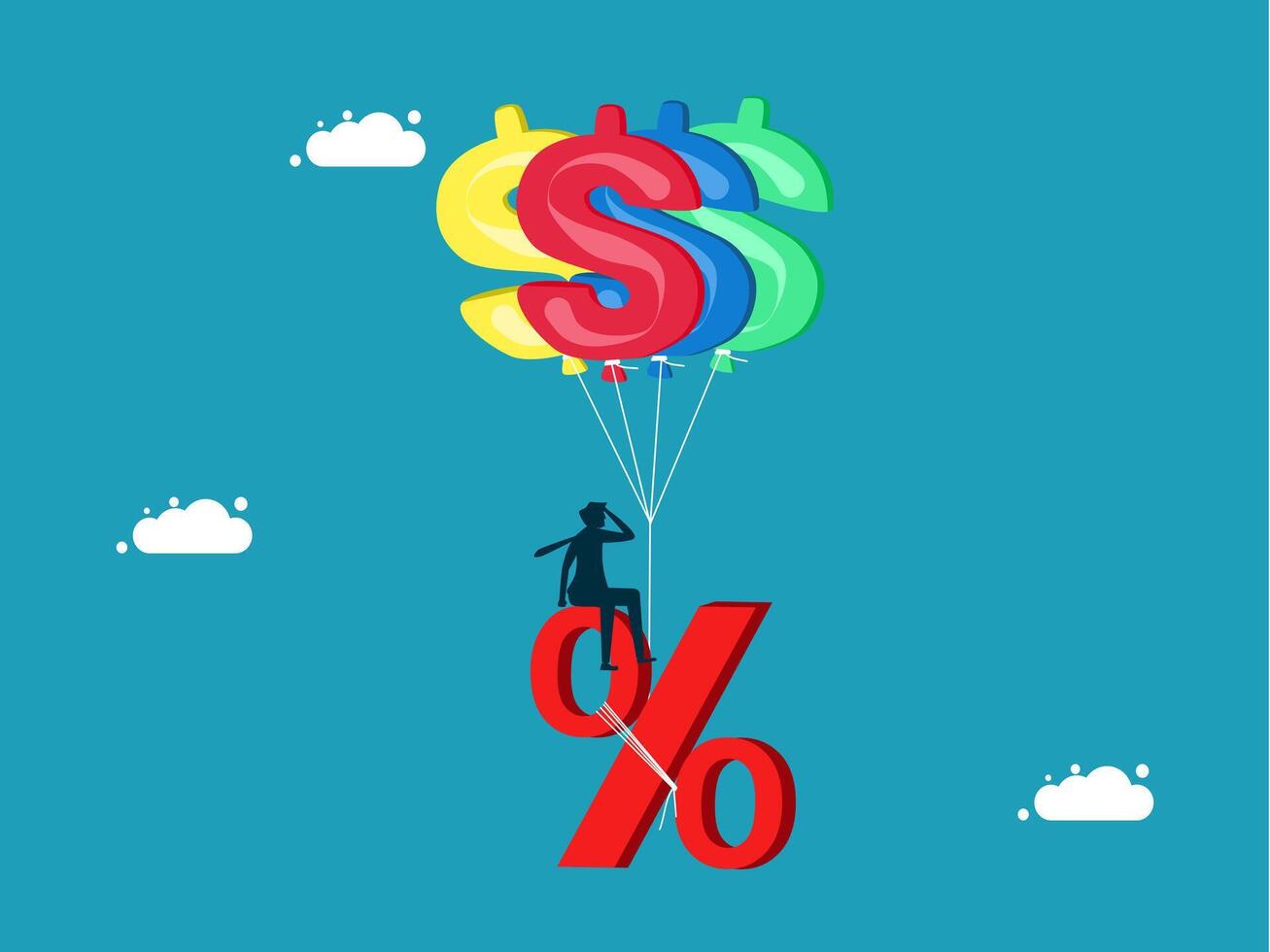 businessman on a balloon with dollar sign and percent sign vector