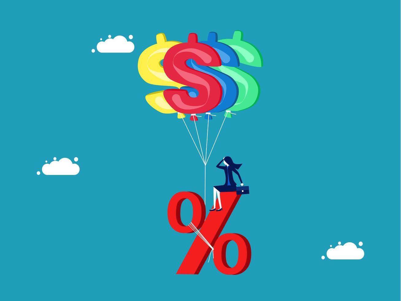 businesswoman on a balloon with dollar sign and percent sign vector