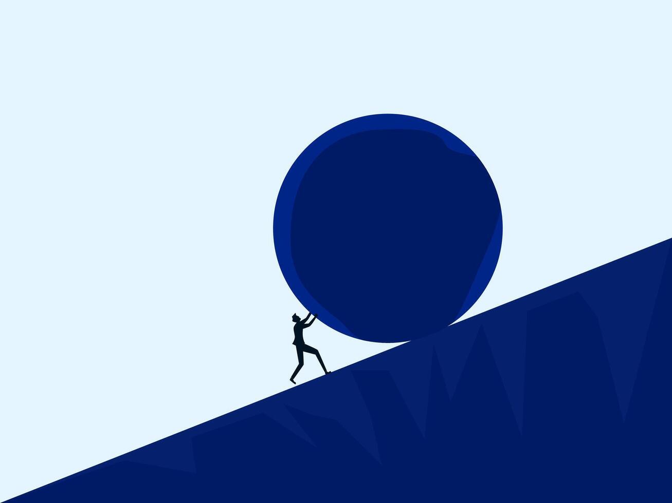 a man is pushing a large blue ball up a hill vector