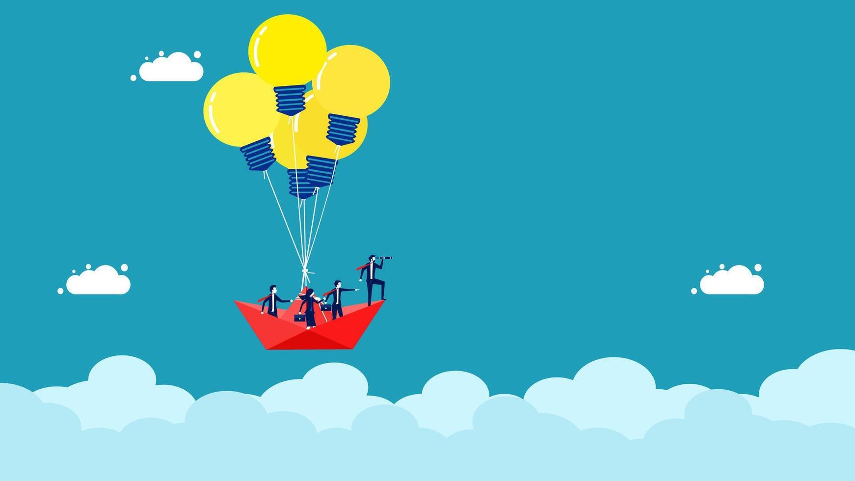 team flying in a paper boat with light bulbs vector