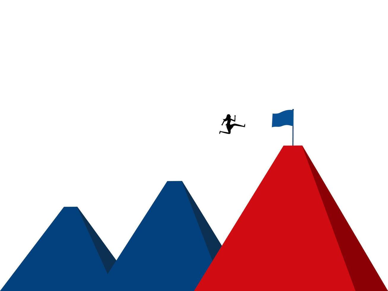 woman is jumping over a mountain with a flag on top vector