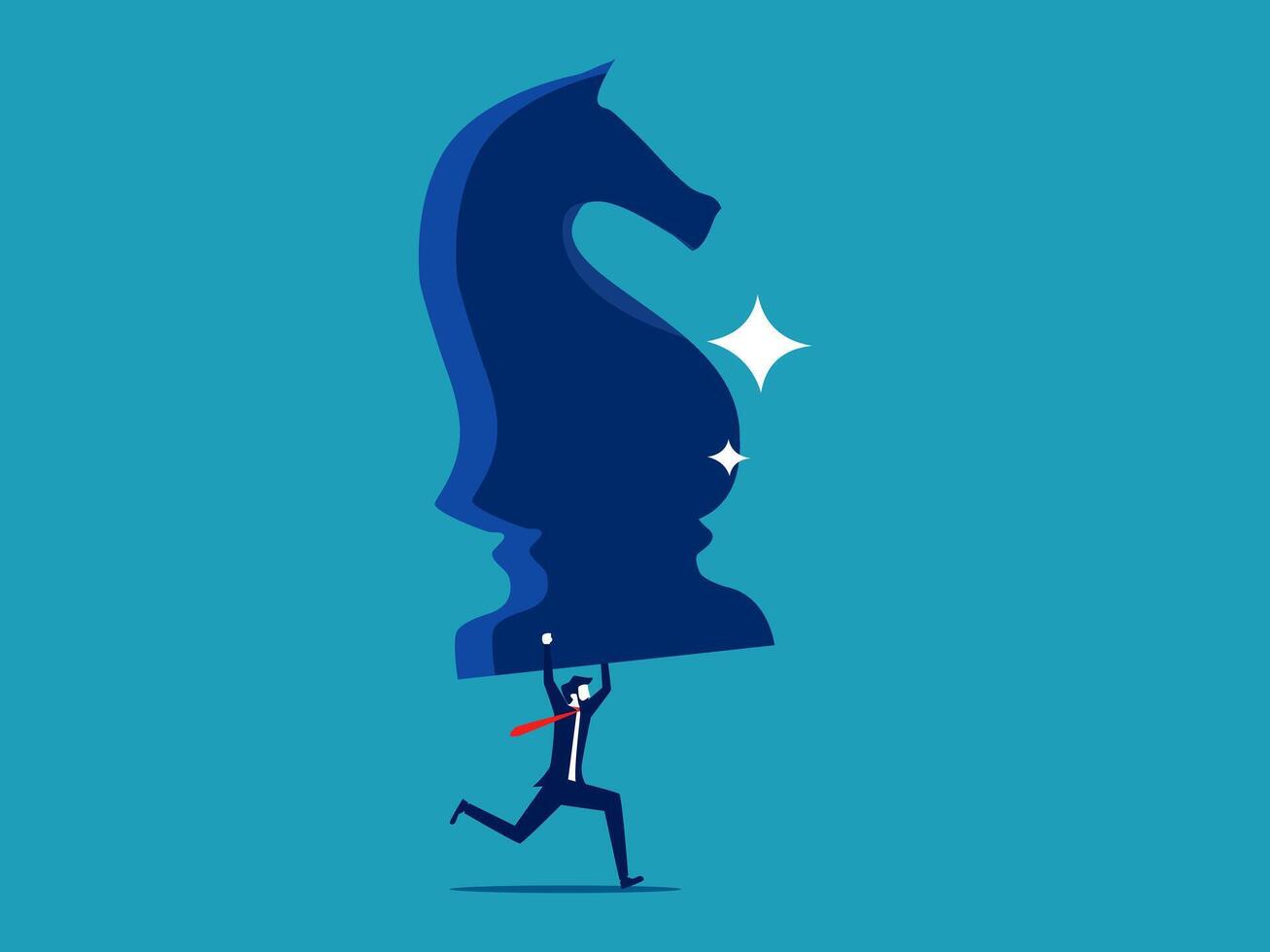 businessman carrying giant chess piece on blue background vector