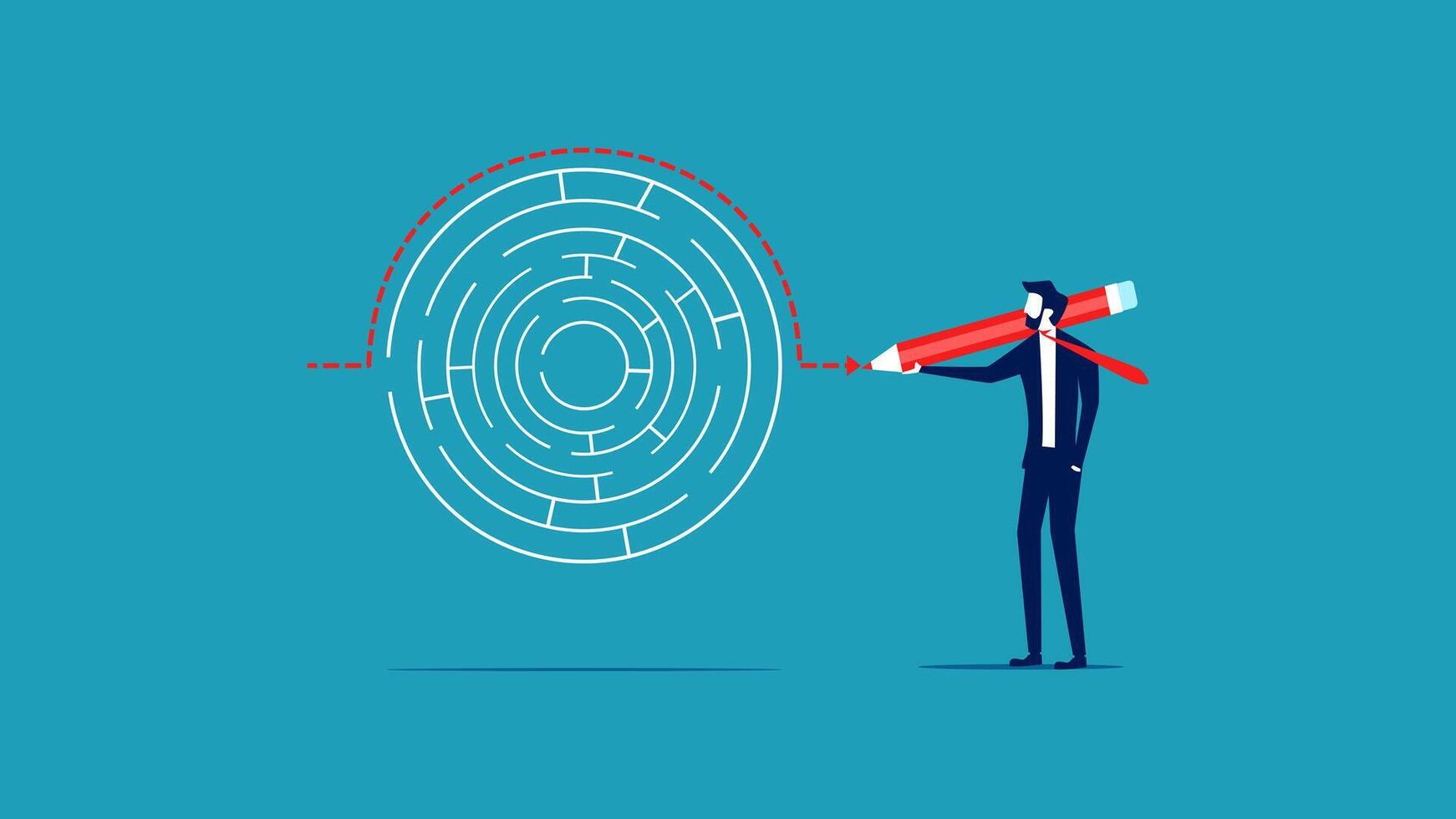 businessman with pencil and a maze on blue background vector