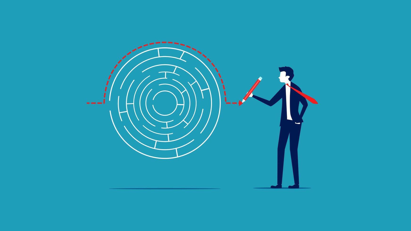 businessman with red pen and a maze on blue background vector