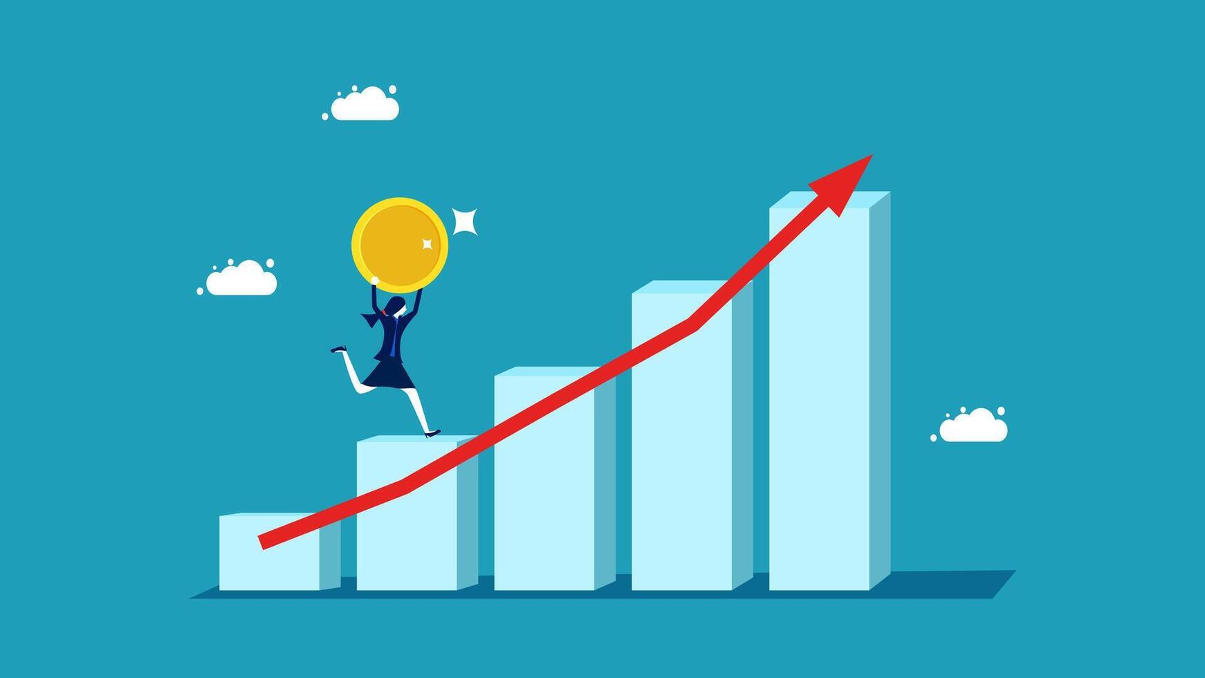 woman climbing up the graph chart with a coin vector