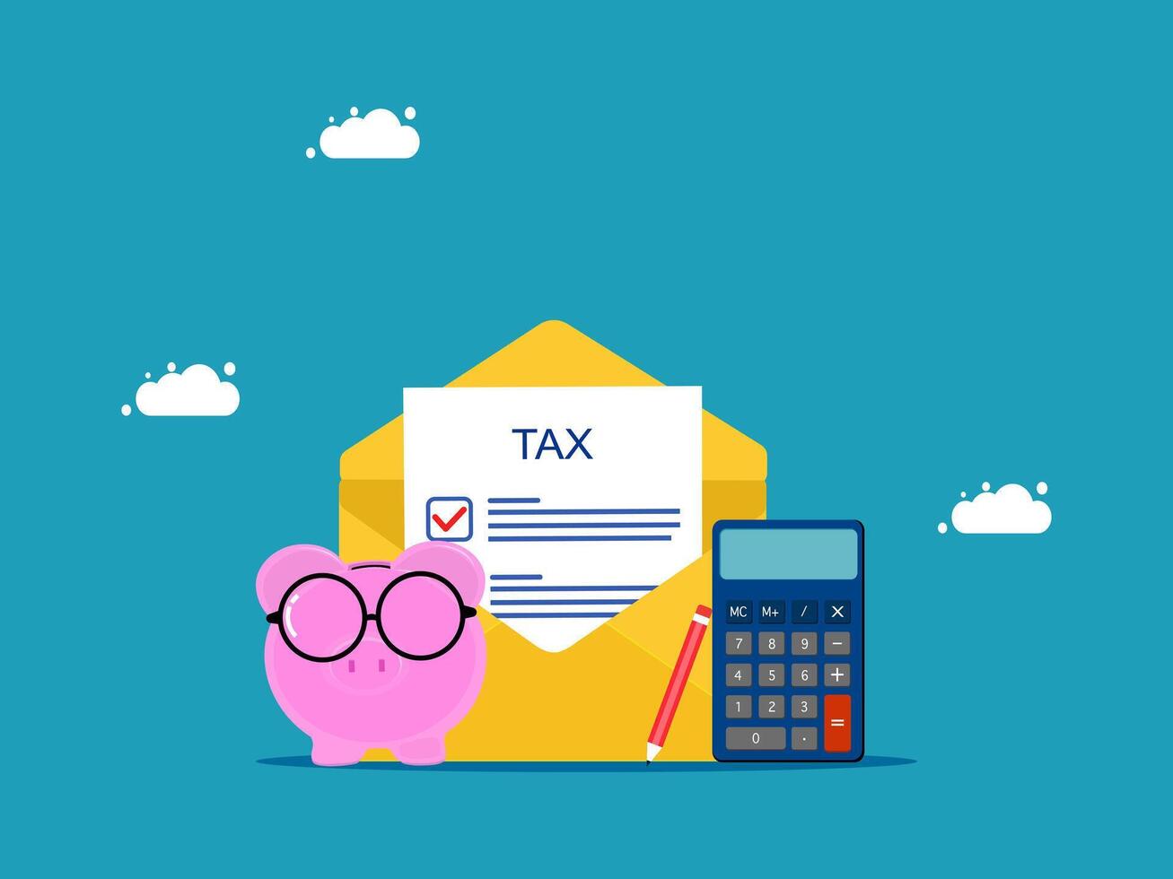 tax calculator, envelope, piggy bank and calculator vector