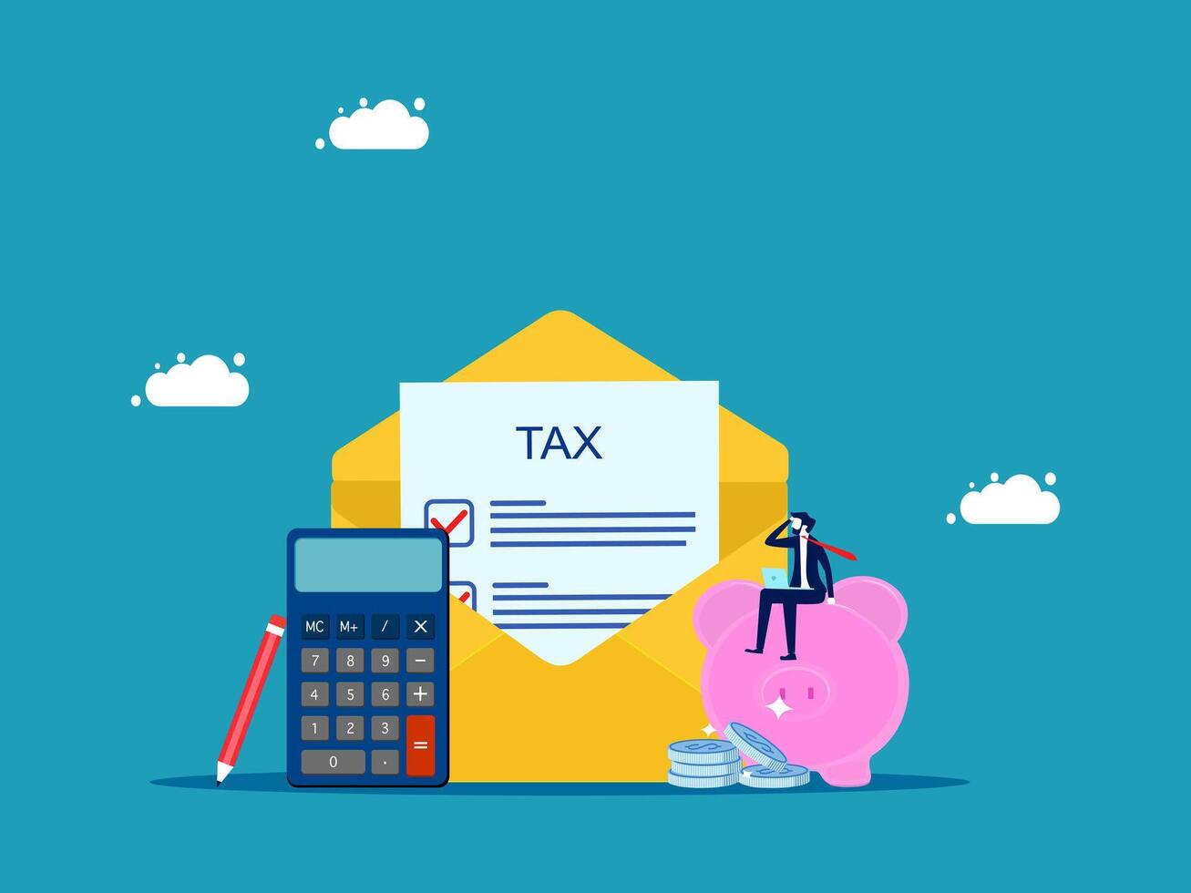 tax envelope with piggy bank and calculator vector