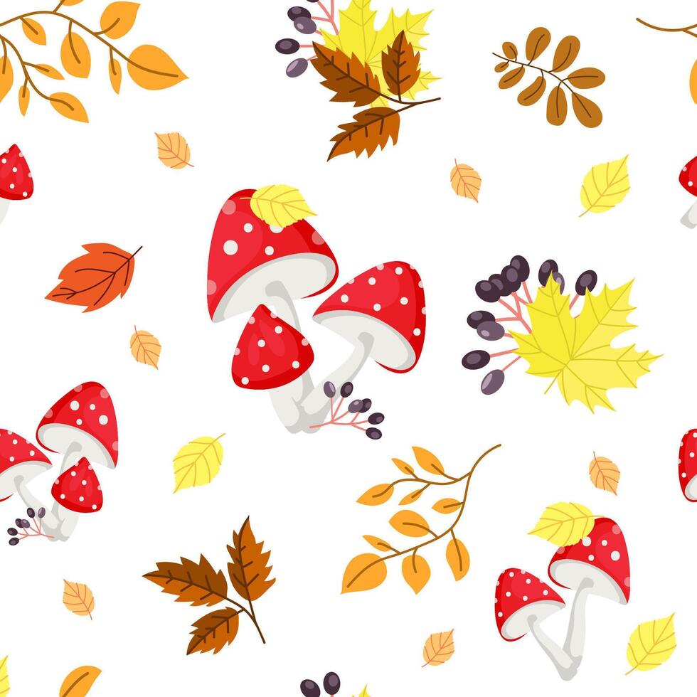 Fall leaves and fly agaric mushrooms seamless pattern on a white background for fabric, wallpaper and wrapping paper. Autumn motifs background, seamless texture, bright colors. illustration vector
