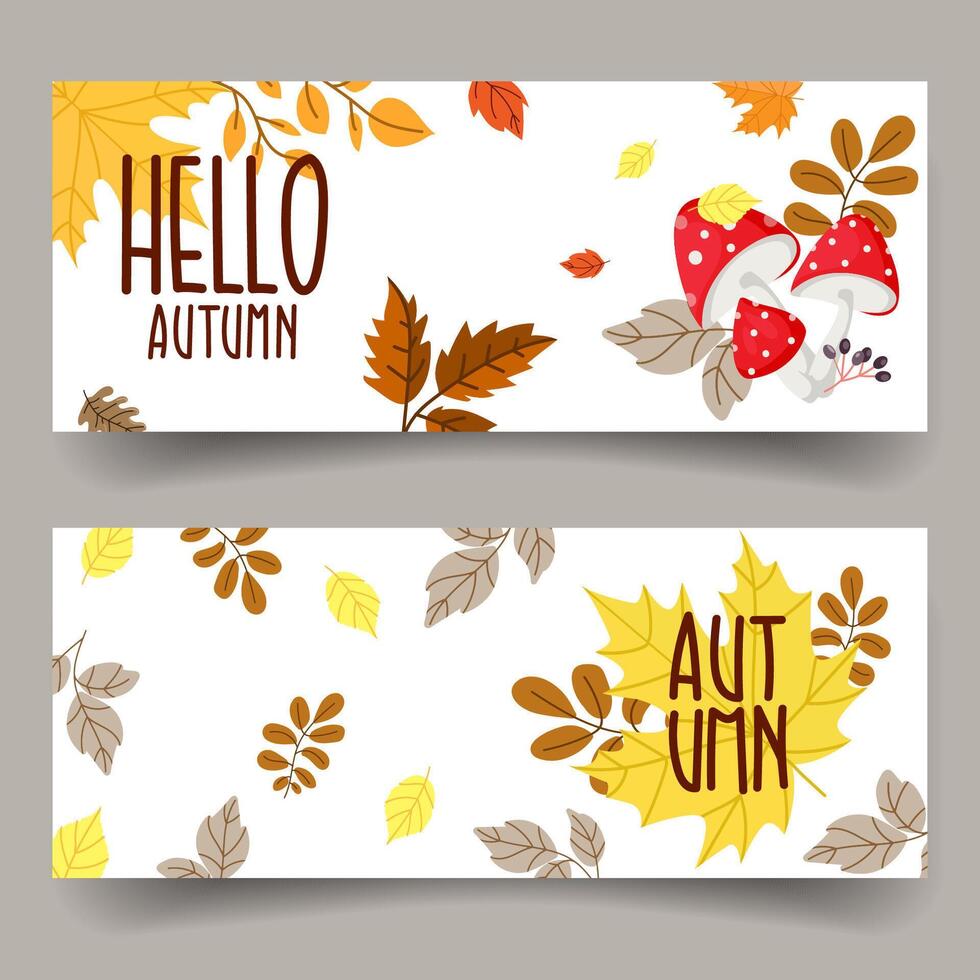 Autumn horizontal template background flyer banners set with colorful foliage, mushrooms .Autumn fall template set. Abstract templates poster, invitation, card, flyer, cover, placard. vector