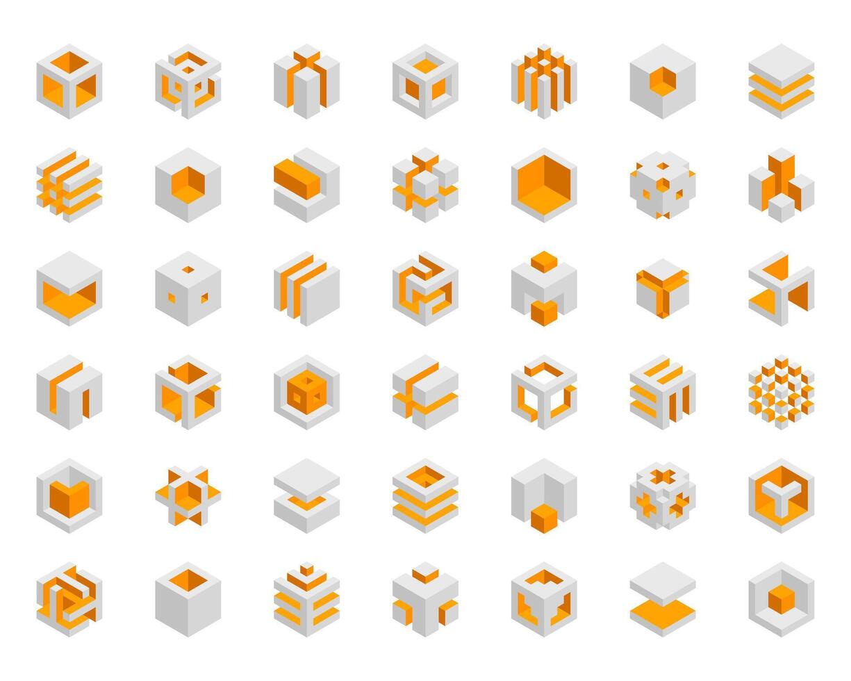 Cube logo, geometric design. Box logotype company, trendy tech emblem in pixel style. vector