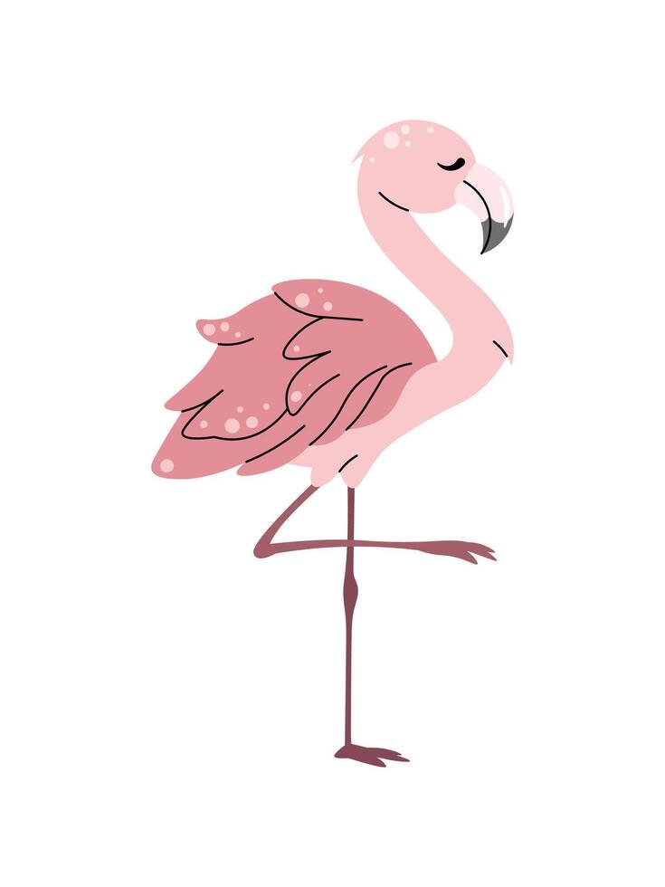 Cute pink flamingo on white background. Cartoon tropical bird in flat style. Safari collection. children's illustration for clothes, fabric, greeting cards, stickers, etc. vector