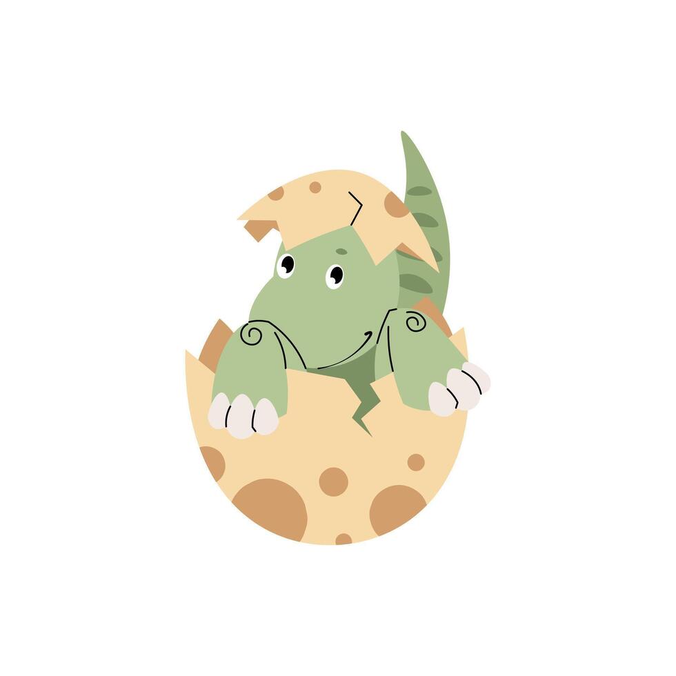 Cute cartoon dinosaur in eggshell on white background. Ancient lizard in flat style. Baby dino illustration for design of clothes, wallpaper, greeting cards, etc vector