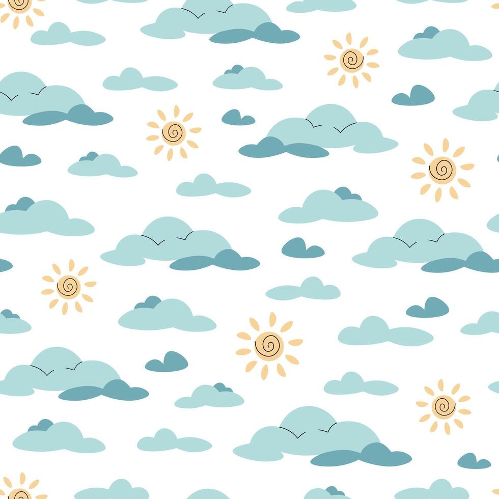 Seamless pattern with cute clouds and sun in flat style. Children's background with sky elements. Cartoon texture for fabric, wallpaper, clothes. vector