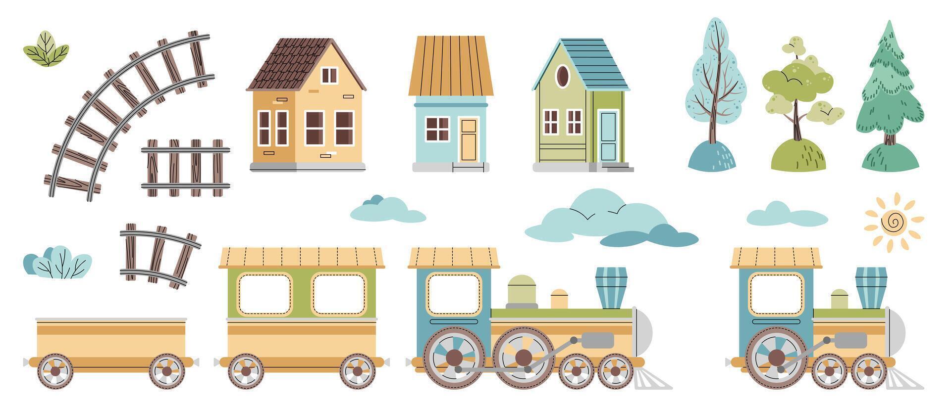 Set of cartoon train with carriage, cute houses and trees. Children s railway transport elements in flat style. Suitable for children s clothing, wallpaper, greeting cards, etc. vector