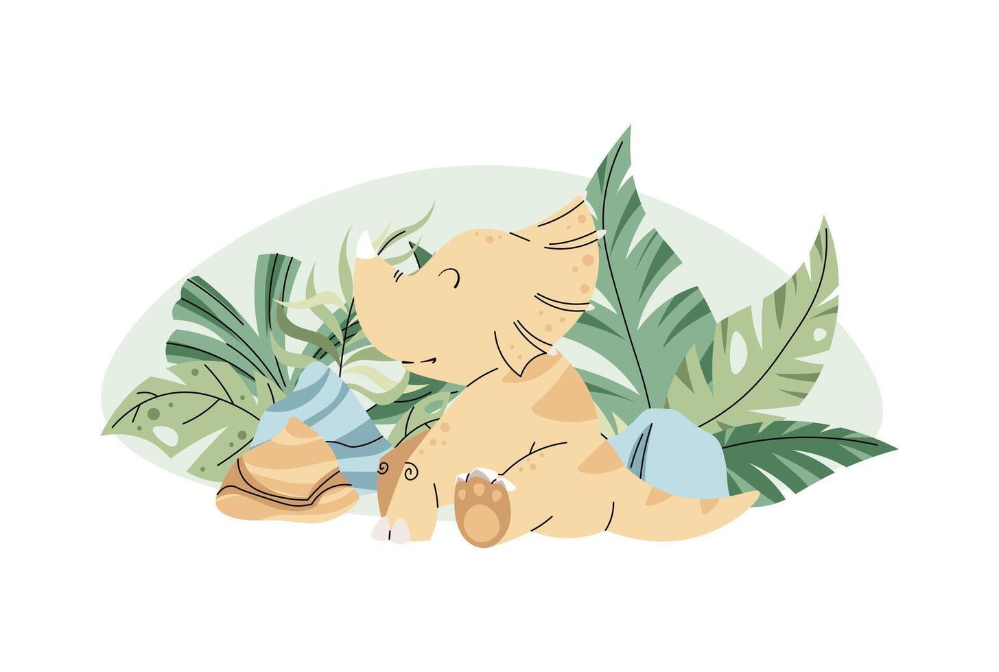 Cute cartoon dinosaur among tropical plants. Ancient lizard in flat style. Childish Triceratops illustration for clothing design, wallpaper, greeting cards, etc. vector