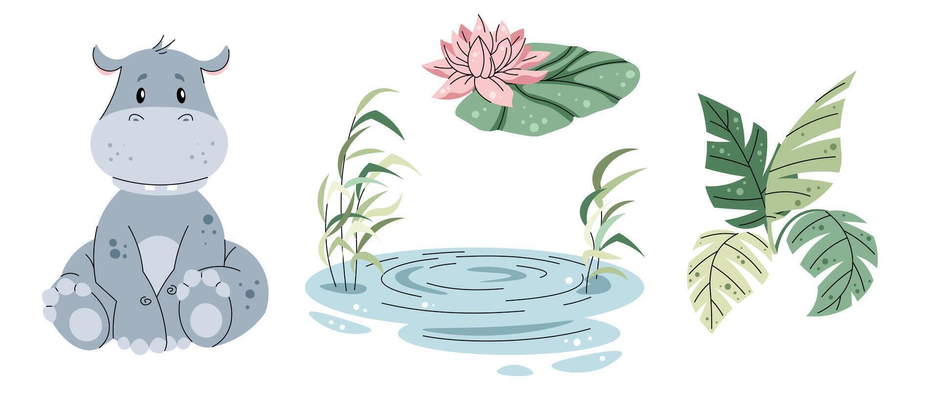 Set of African animals and plants on white background. Illustration of hippopotamus and pond in flat cartoon style. Safari collection. clipart for clothes, fabric, greeting cards, stickers vector
