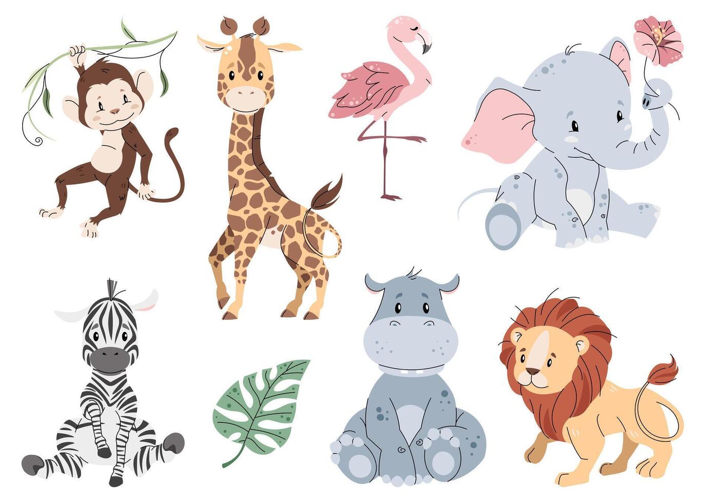 Set of African animals and plants on white background. Illustration of monkey, palm tree and banana in flat cartoon style. Jungle collection. clipart for clothes, fabric, greeting card, sticker vector