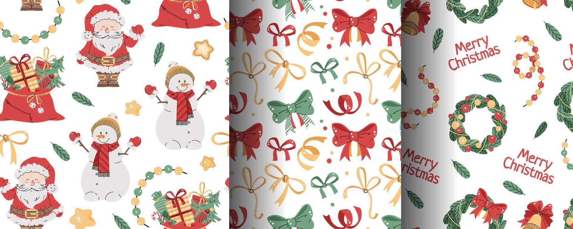 Collection of Seamless Christmas patterns with cute Santa, snowman and gifts in flat style. Holiday background with Christmas elements. Cartoon texture for fabric, wallpaper, wrapping paper vector